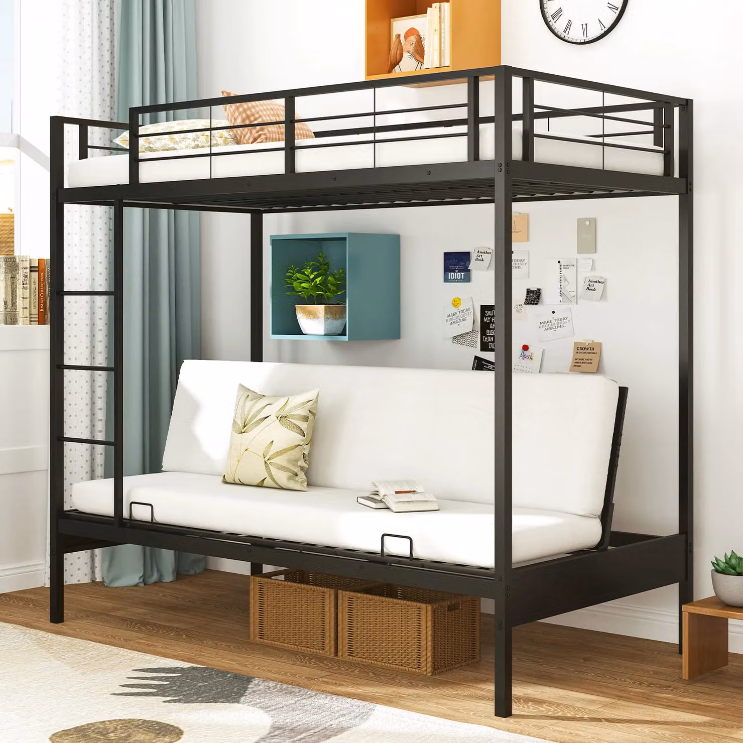 Gymax Single Over Futon Bunk Bed with Ladder and Bedside Shelf, Black – 9