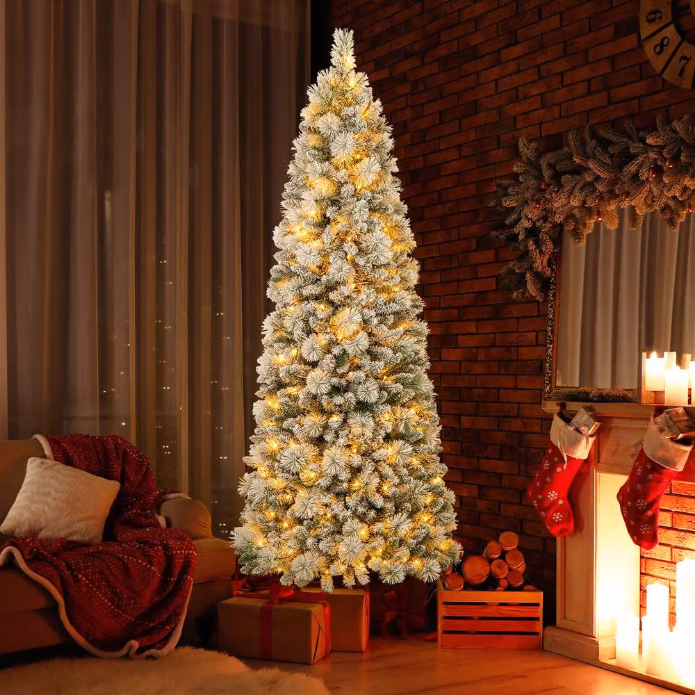 Gymax 210 cm Pre-Lit Snow Flocked Artificial Christmas Tree in White – 4