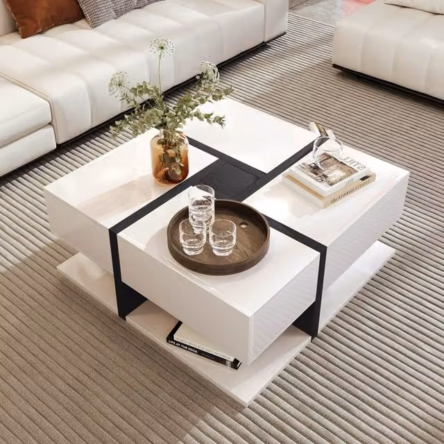 Aosom.UK White Modern Square Coffee Table with 4 Drawers and Open Storage, W/D/H: 78 x 78 x 36 cm