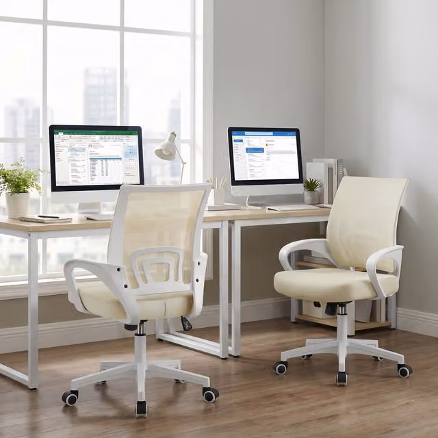 Yaheetech Ergonomic Mesh Office Chair in Beige and White with Armrests and Castors