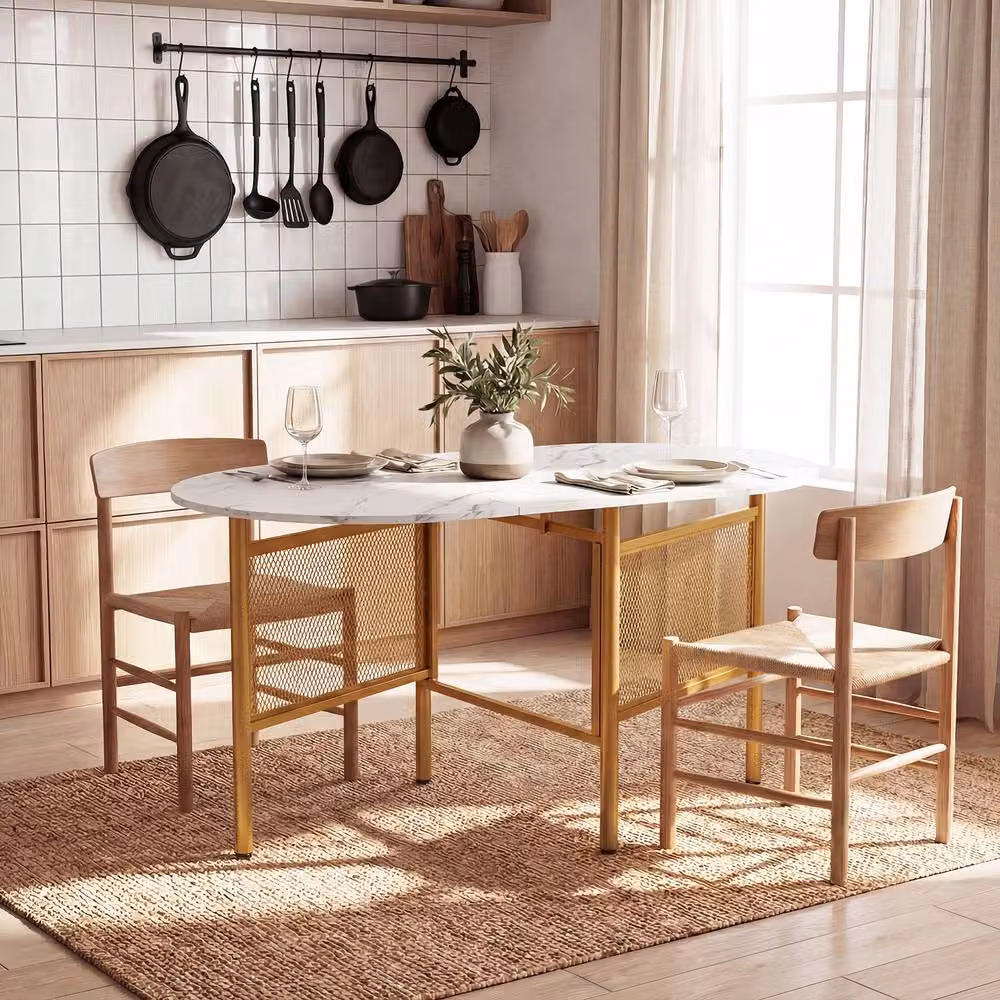 Costway Modern White and Gold Marble Drop Leaf Folding Dining Table, W: 150 cm, H: 76 cm – 4
