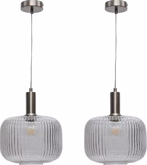 First Choice Lighting Batley Large Deco Pendant Lights, Set of 2, Clear Ribbed Glass and Silver Metal, Height: 116.5 cm, Width: 25.5 cm, Depth: 25.5 cm
