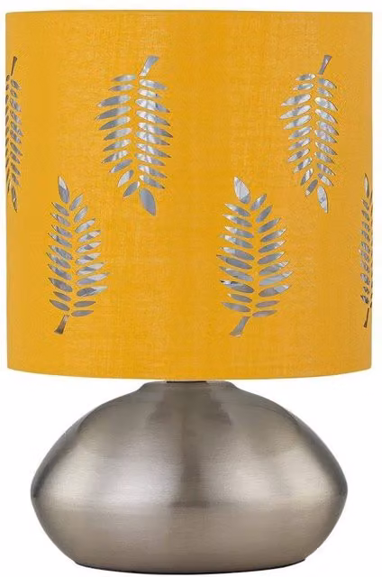 First Choice Lighting Jenson Touch Table Lamp in Brushed Chrome with Ochre Fabric Shade