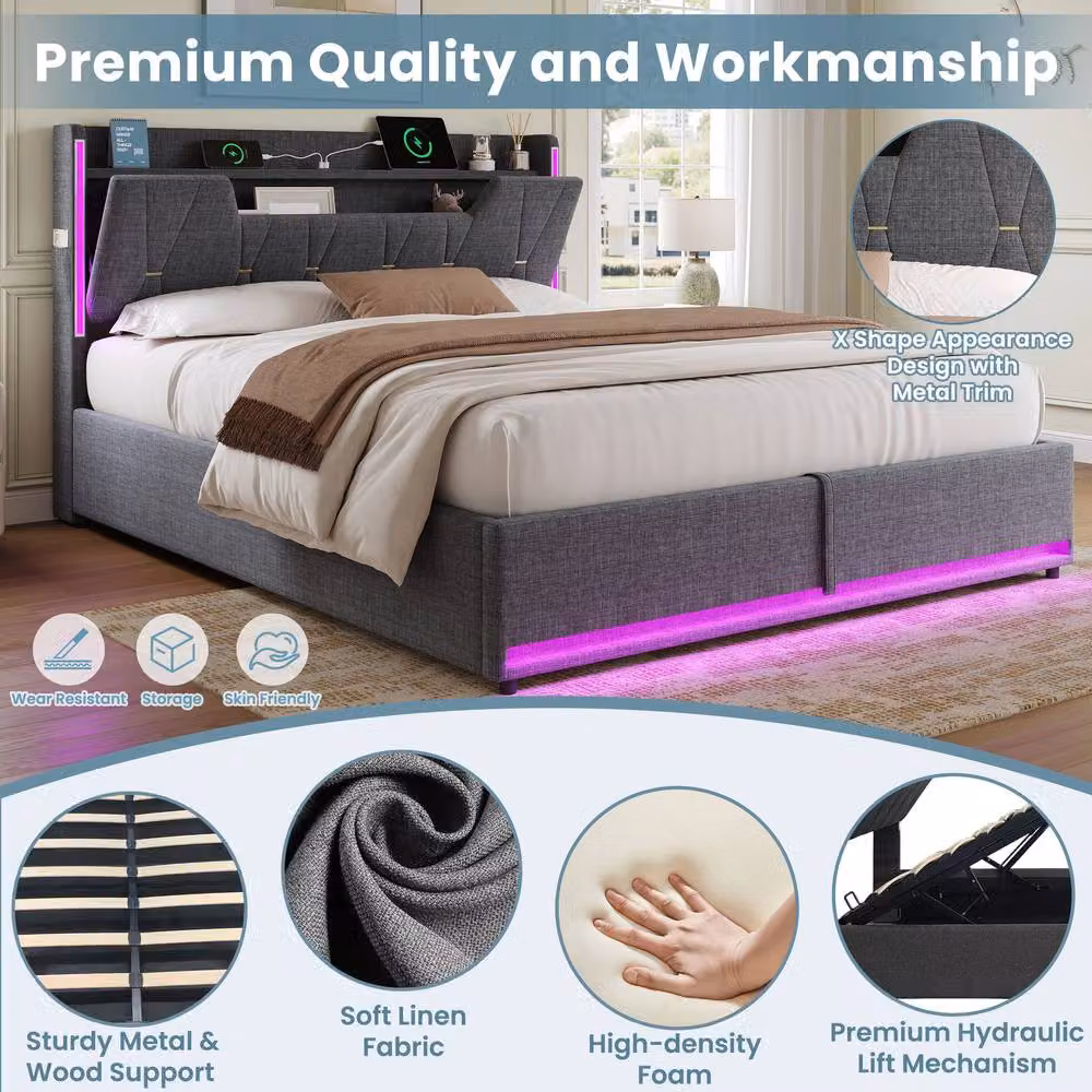 BTM King Size Hydraulic Storage Bed in Grey with X-Shape LED Lighting and USB Charging Ports, W/D/H: 180 x 200 cm – 7