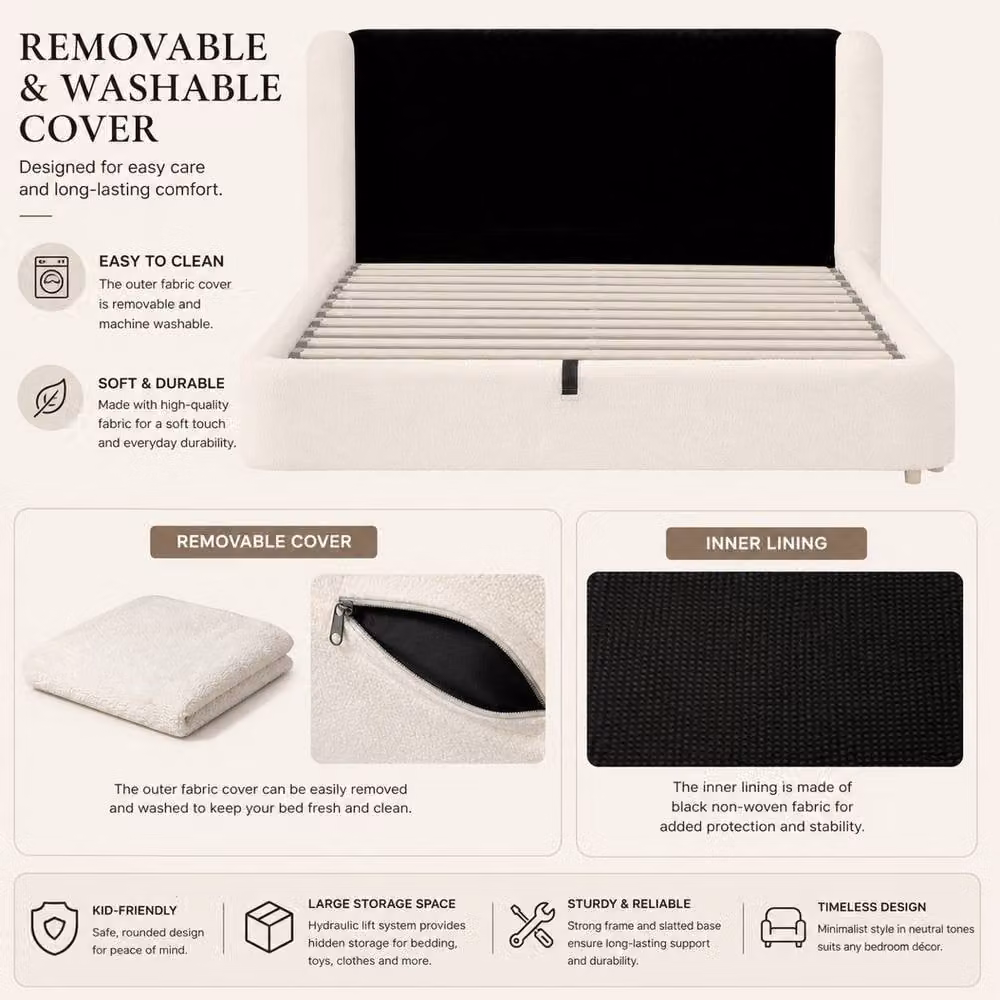 Rolipo King Size Bouclé Wingback Ottoman Storage Bed in White – 5