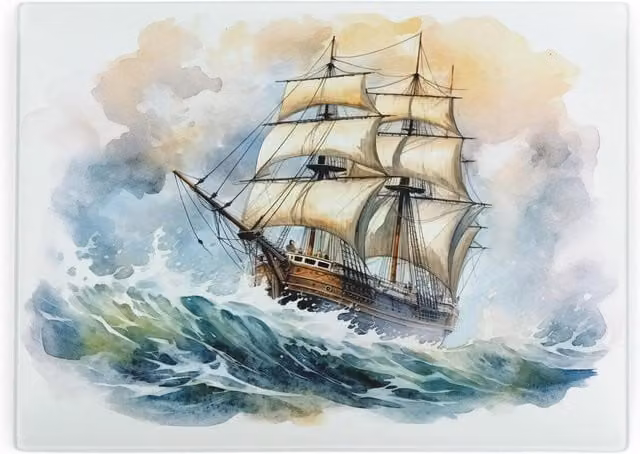 Purely Home Sailing Ship Rectangular Large Glass Worktop Protector and Kitchen Chopping Board in Blue and Multicolour