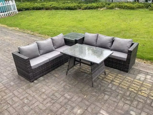 Fimous 6 Seater Wicker PE Rattan Garden Dining Set with Sofa, Dining Table and Side Table in Dark Grey