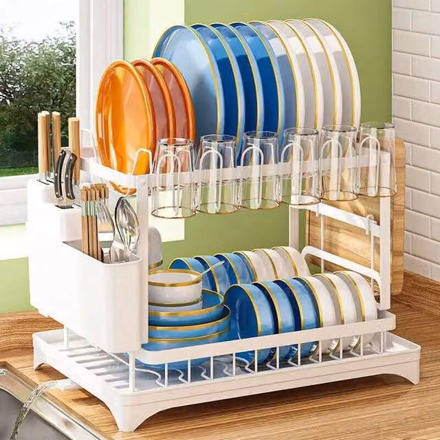 FORGEVIO White 2 Tier Metal Kitchen Sink Dish Drainer Rack with Cutlery Holder – 1