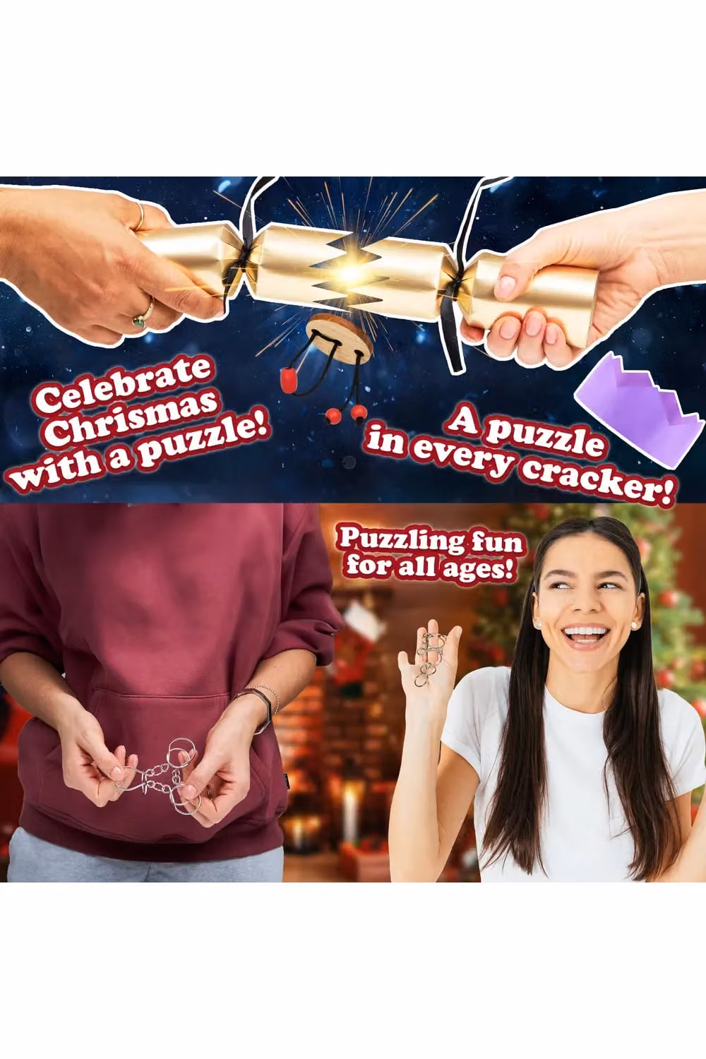 KreativeKraft Luxury Christmas Crackers, Pack of 6 Black and Multicolour Party Crackers with Jigsaw Puzzles – 8