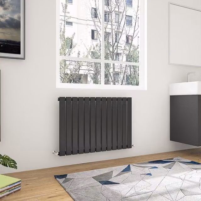 AicaBathroom Single Horizontal Flat Panel Steel Radiator in Black, Width: 88.4 cm