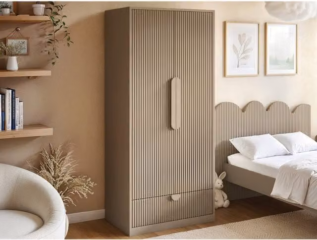 Flair Calista Ribbed Modern Wardrobe with 2 Hinged Doors and Drawer in Taupe