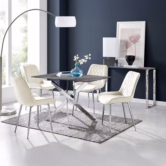 FurnitureboxUK Leonardo Grey Glass Marble Table and 4 Pesaro Silver Leg Chairs in Cream
