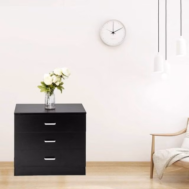 EONLION Modern 3 Drawer Wooden Nightstand and Chest of Drawers in Black, Width: 100 cm