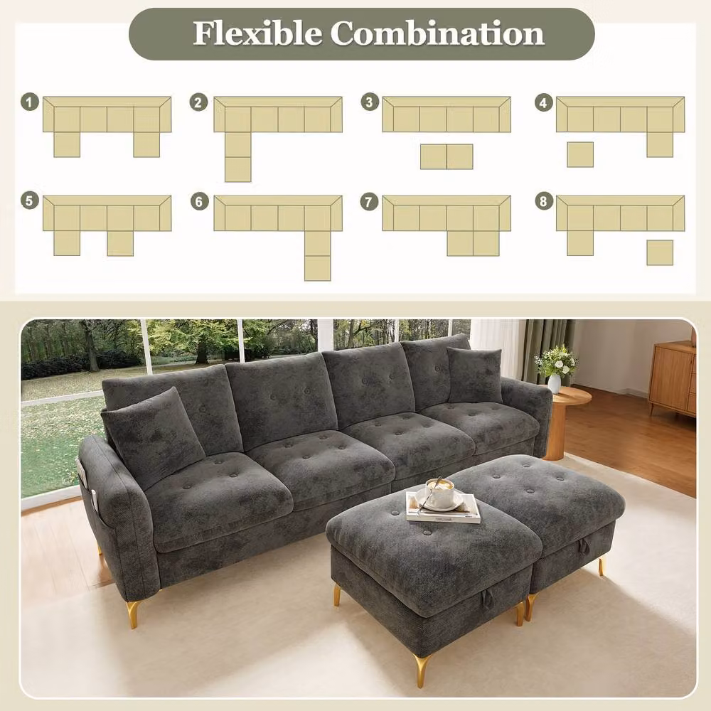Merax Reversible U-Shaped Modular Corner Sofa in Grey Fabric with 2 Matching Storage Ottomans and Gold Metal Legs – 5