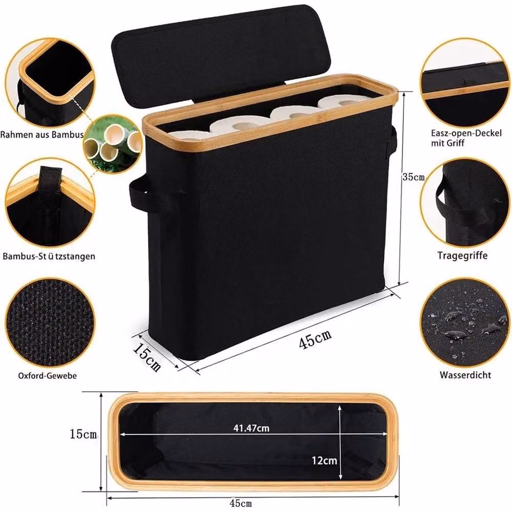 KORVIXA Waterproof Bamboo Toilet Paper Storage Basket with Lid in Black – 2