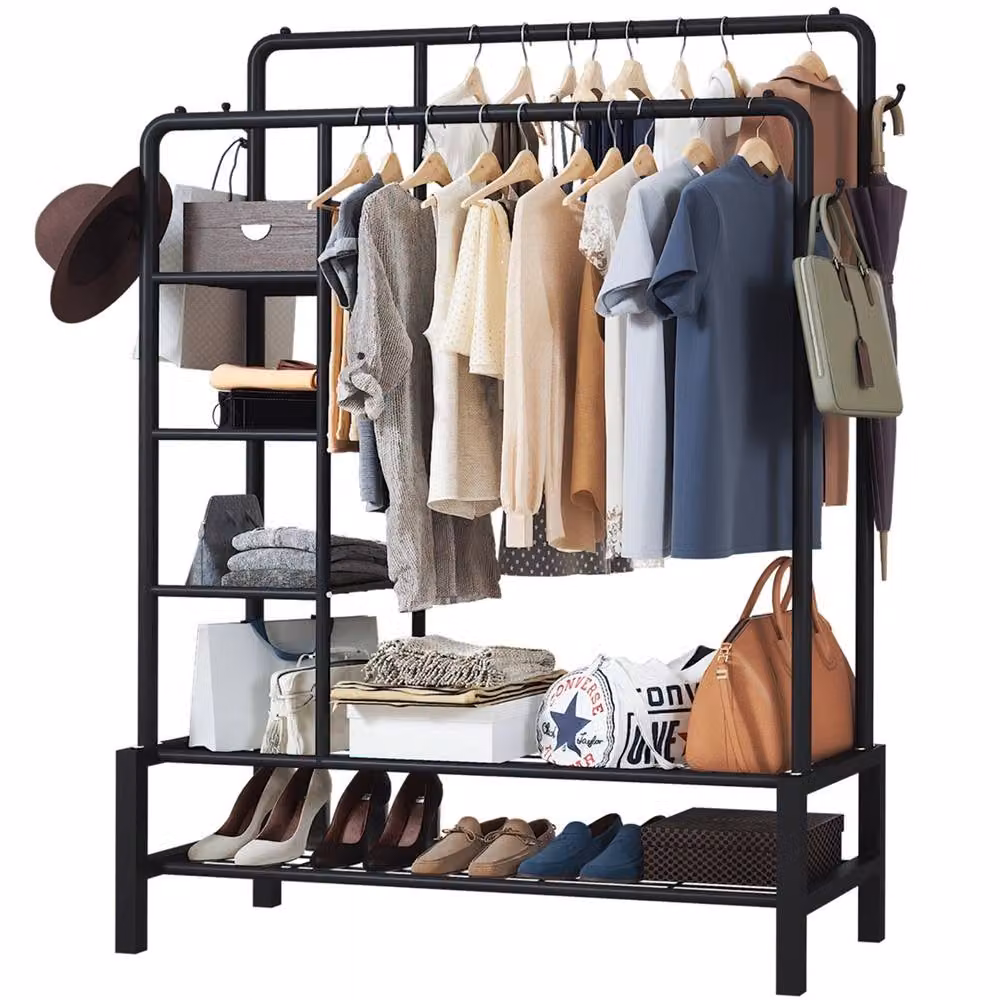 KLASS HOME Heavy Duty Double Clothes Rail with Shelves and Shoe Rack in Black – 3
