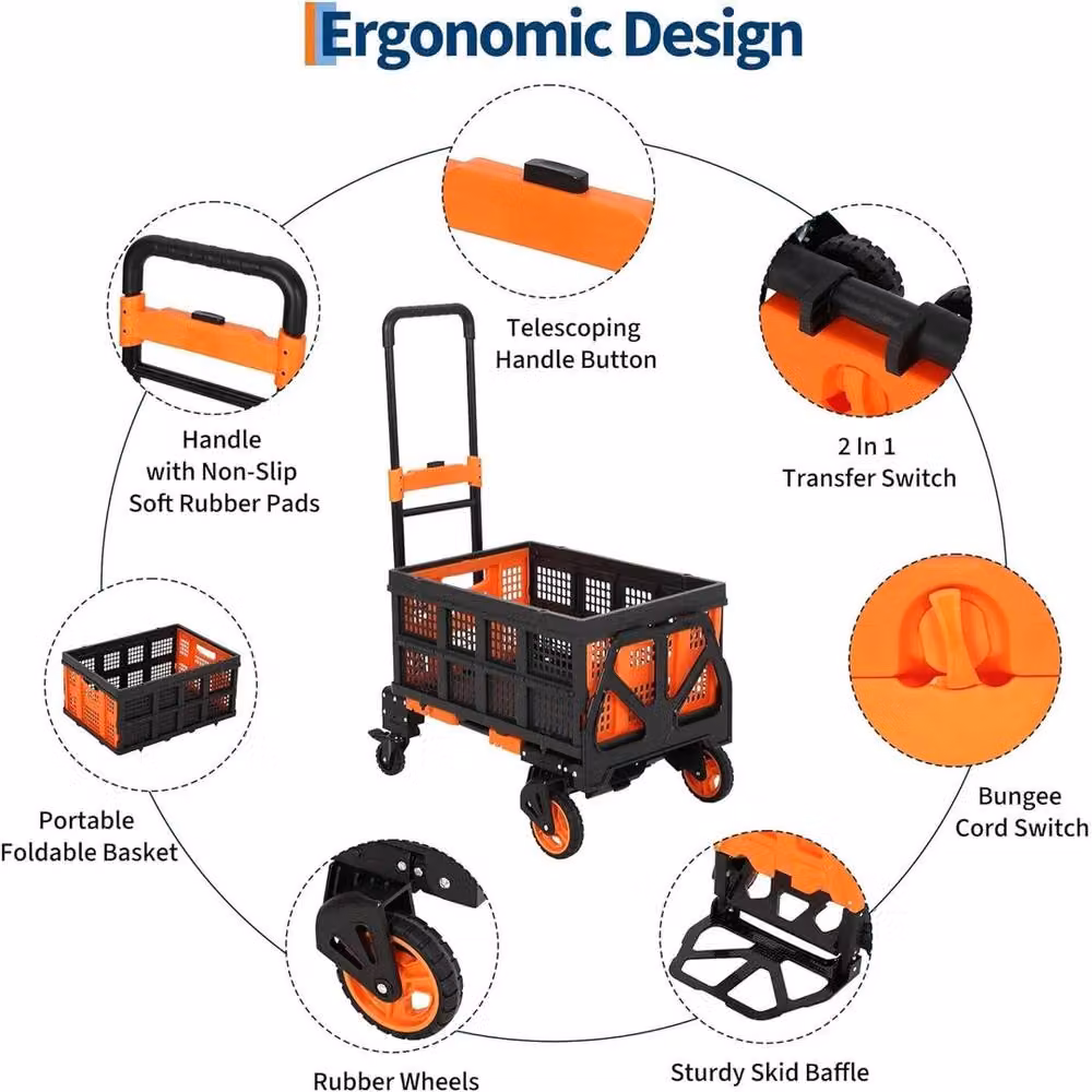 VOGREX 2-in-1 Heavy Duty Folding Hand Truck with Basket, Orange – 3