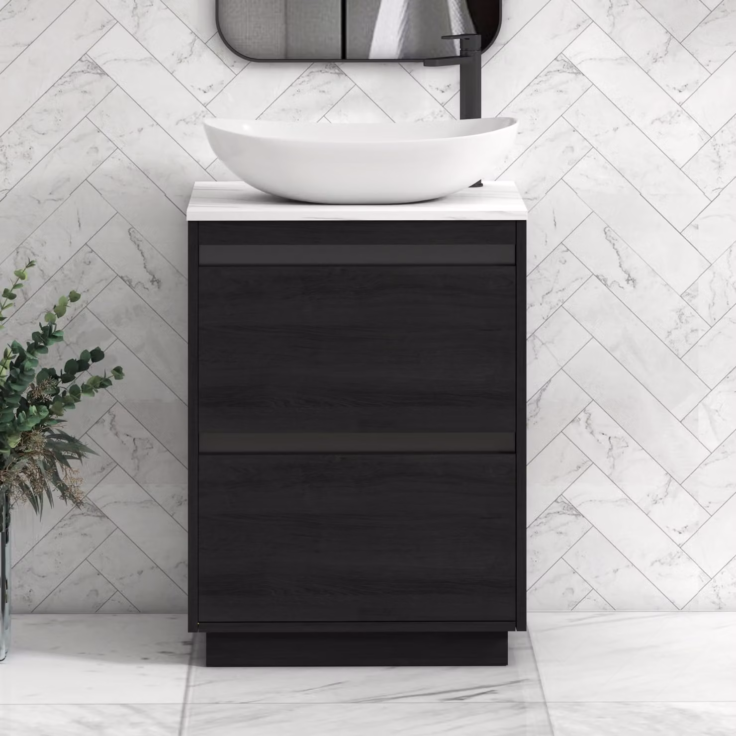 Royal Bathrooms Orion 600mm Hale Black Floor Standing Vanity Unit with Cesar Basin and Carrara White Countertop, 2 Drawers and Black Accent Trim