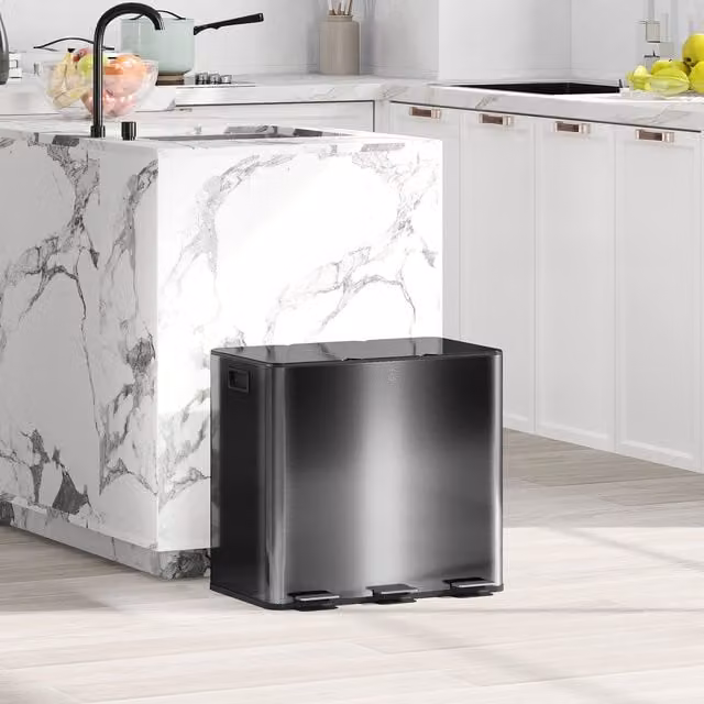 HOMCOM Triple Kitchen Pedal Bin with Odour Filter, Black, 3 x 15L – 1
