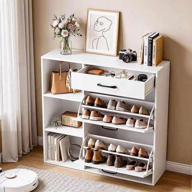 KORVIXA Modern White Shoe Storage Cabinet with Drawer and Tilting Compartments, W: 100 cm, H: 100 cm, D: 20 cm – 1