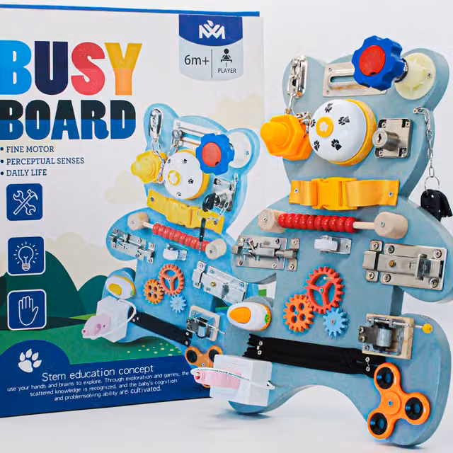 DYZI Montessori Wooden Busy Bear Board Sensory Motor Skill Learning Toy in Blue and Turquoise