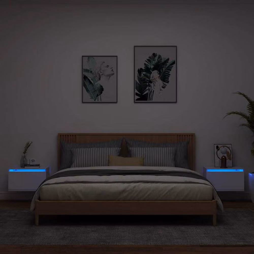 Berkfield Home Set of 2 White Glossy Wall-mounted Bedside Cabinets with Integrated LED Lighting – 2