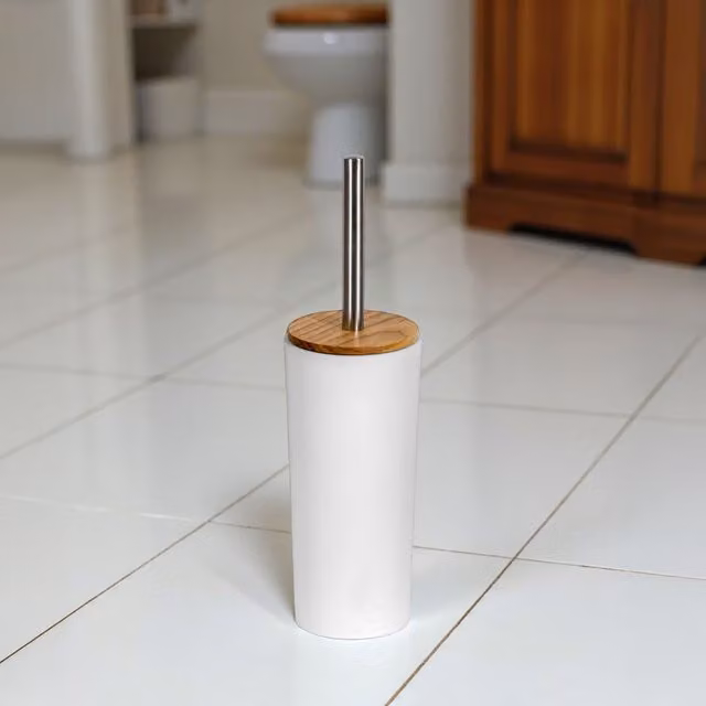 Showerdrape Sonata Black and Bamboo Freestanding Toilet Brush and Holder in White