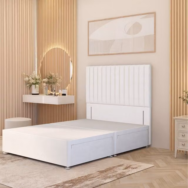 Somnior Beds Ltd Verona Divan Bed Base with 54 inch Floor Standing Headboard in White Plush Velvet with Drawers W/D/H: 200 x 200 x 160 cm