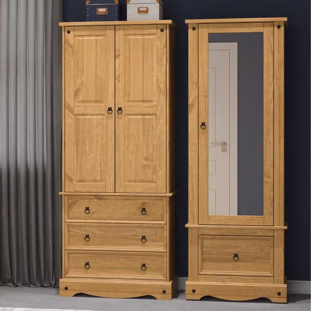 Core Products Ltd Corona Rustic Waxed Pine Armoire with Mirrored Door and Hanging Rod in Brown and Orange