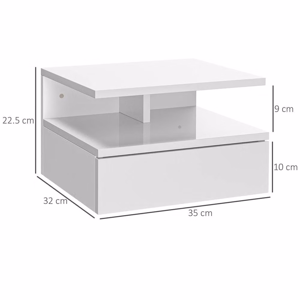 STILVORA Set of 2 White Glossy Wall Mounted Bedside Tables with Drawer and Shelf – 2
