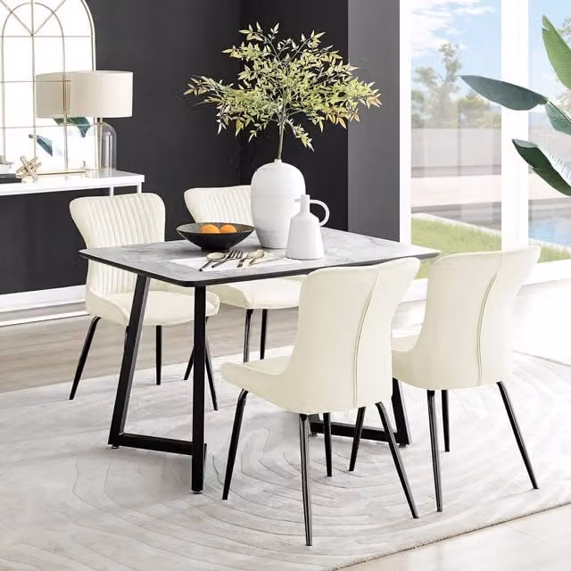 FurnitureboxUK Carson White Marble Effect Rectangular Dining Table and 4 Nora Velvet Chairs with Black Legs in Cream – 1