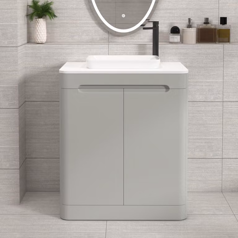 Royal Bathrooms Venice 700mm Floor Standing 2 Door Vanity Unit in Dove Grey with Plain White Worktop and Qubix Basin