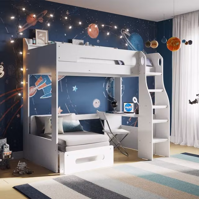 Flair Furnishings Cosmic Single High Sleeper with Cotton Futon in White and Grey