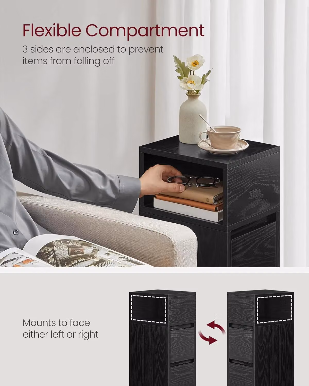 VASAGLE Slim Narrow Bedside Table with Drawers and Open Compartment in Black – 3