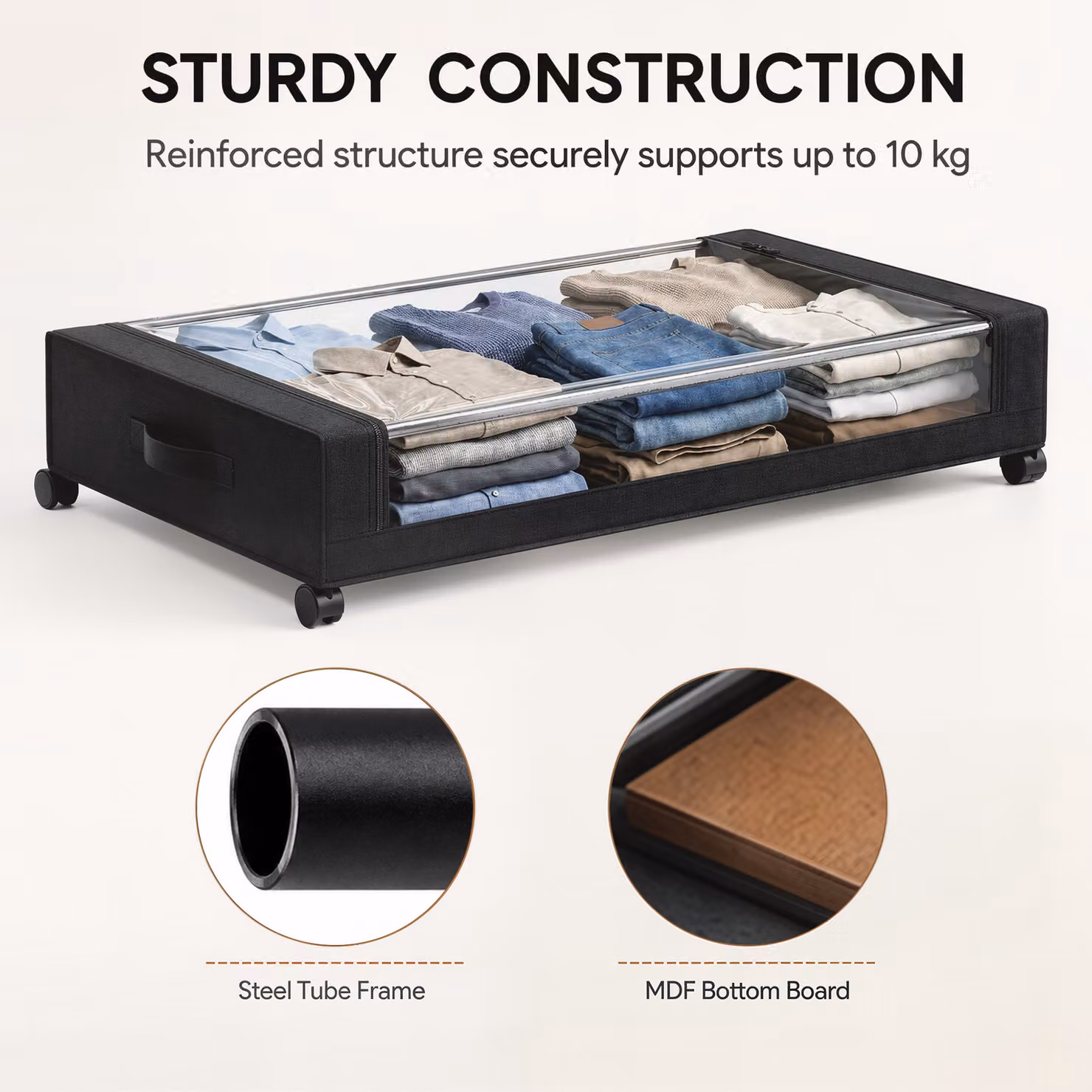 HOMCOM Pack of 2 Black Fabric Under Bed Storage Drawers with Clear Lids and Wheels, 40L Capacity – 7