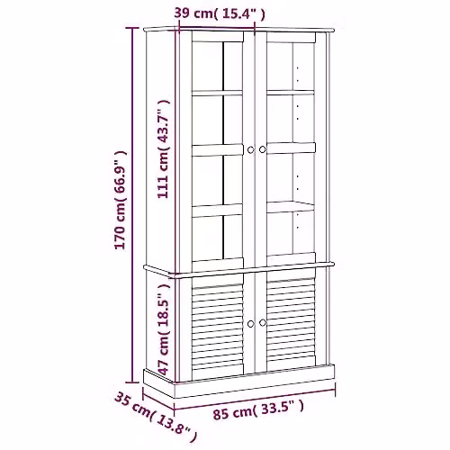 vidaXL VIGO Glass Display Cabinet in Grey Solid Pine Wood, W/D/H: 85 x 35 x 170 cm – 3