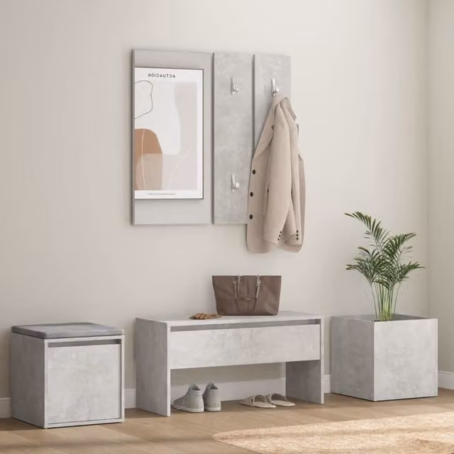 Berkfield Home Modern Hallway Furniture Set in Concrete Grey MDF with Bench, Mirror and Wall Rack – 1