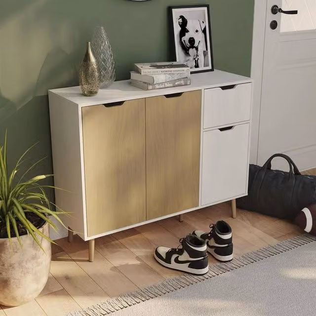 FORGEVIO Modern White Pine Wood Sideboard Cabinet with 3 Doors and 1 Drawer