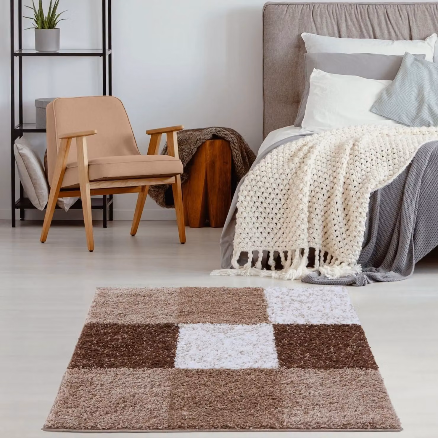 THE RUGS Soft Check High Pile Shaggy Rug, Brown, W/D: 80 x 150 cm – 7