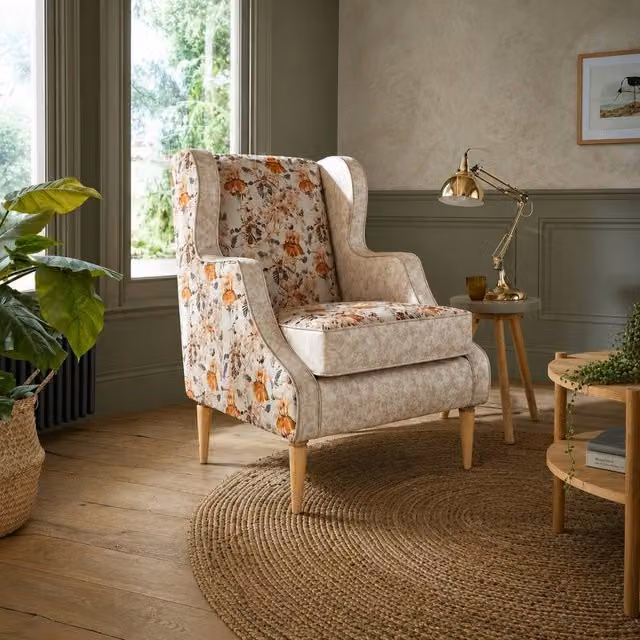 Stratus Interiors Luxury Floral Wingback Accent Chair in Beige Fabric with Solid Wood Frame – 1