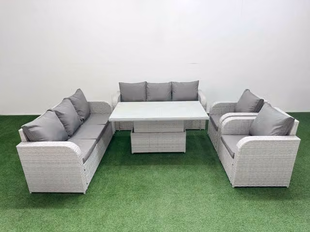 Fimous PE Rattan High Back Lounge Sofa Set in Light Grey with 3 Seater Sofa, Reclining Armchair and Adjustable Lifting Coffee Table