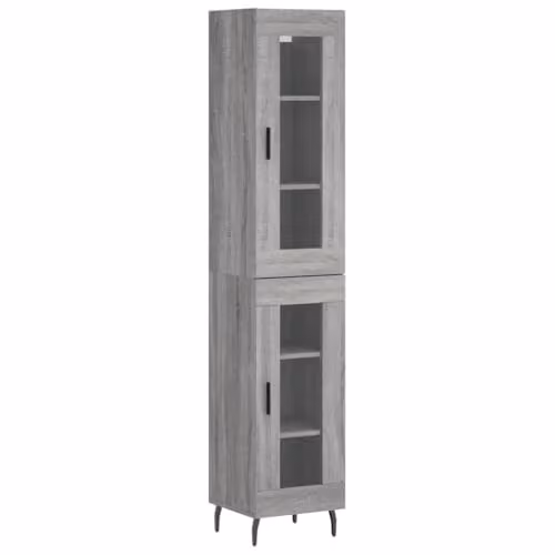 vidaXL Modern Grey Sonoma Highboard with Glass Doors and Internal Shelves, W/D/H: 34.5 x 34 x 180 cm
