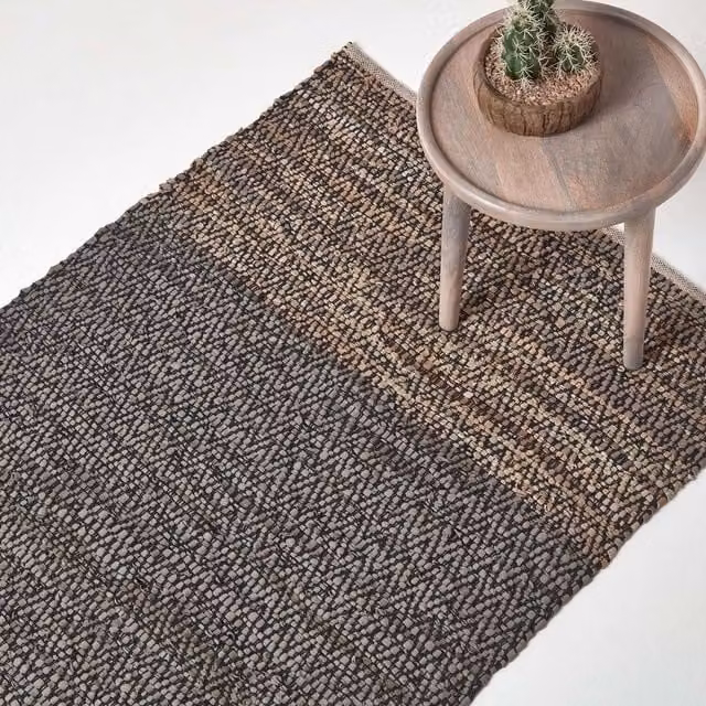 Homescapes Recycled Leather Handwoven Herringbone Rug in Grey, White and Blue, Width: 200 cm
