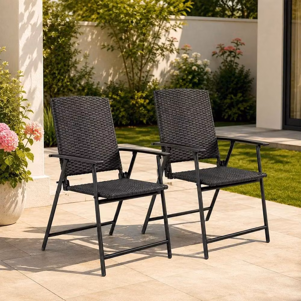 NESTLUNE Set of 2 Black Rattan Foldable Garden Chairs – 6