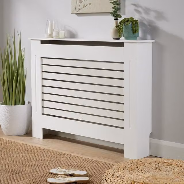 Home Source White Wooden MDF Radiator Cover and Hallway Shelf Cabinet