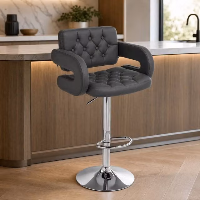 STILVORA Grey Synthetic Leather Adjustable Bar Stool with Armrests, Back and Footrest – 1