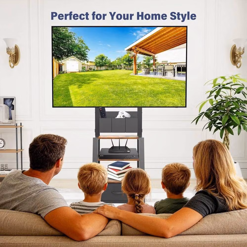 FORGEVIO Rolling TV Stand with Drawer and 3-Tier Storage for 23-60 Inch TVs, Black – 3