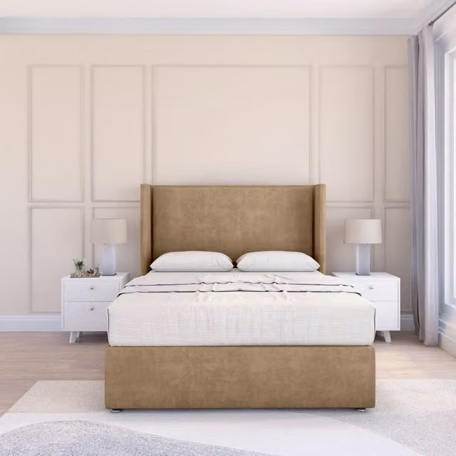 Sloomy Luthor Naples Wingback Bed Set with 54 inch Floor Standing Headboard in Brown Microfibre, Size: 180 x 200 cm