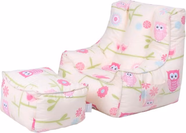 Ready Steady Bed Kids Bean Bag Chair and Footstool Set with Floral Design in Pink