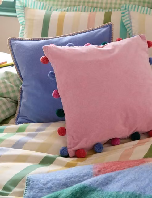 Bluebellgrey Pink Pure Cotton Velvet Square Pom Pom Cushion